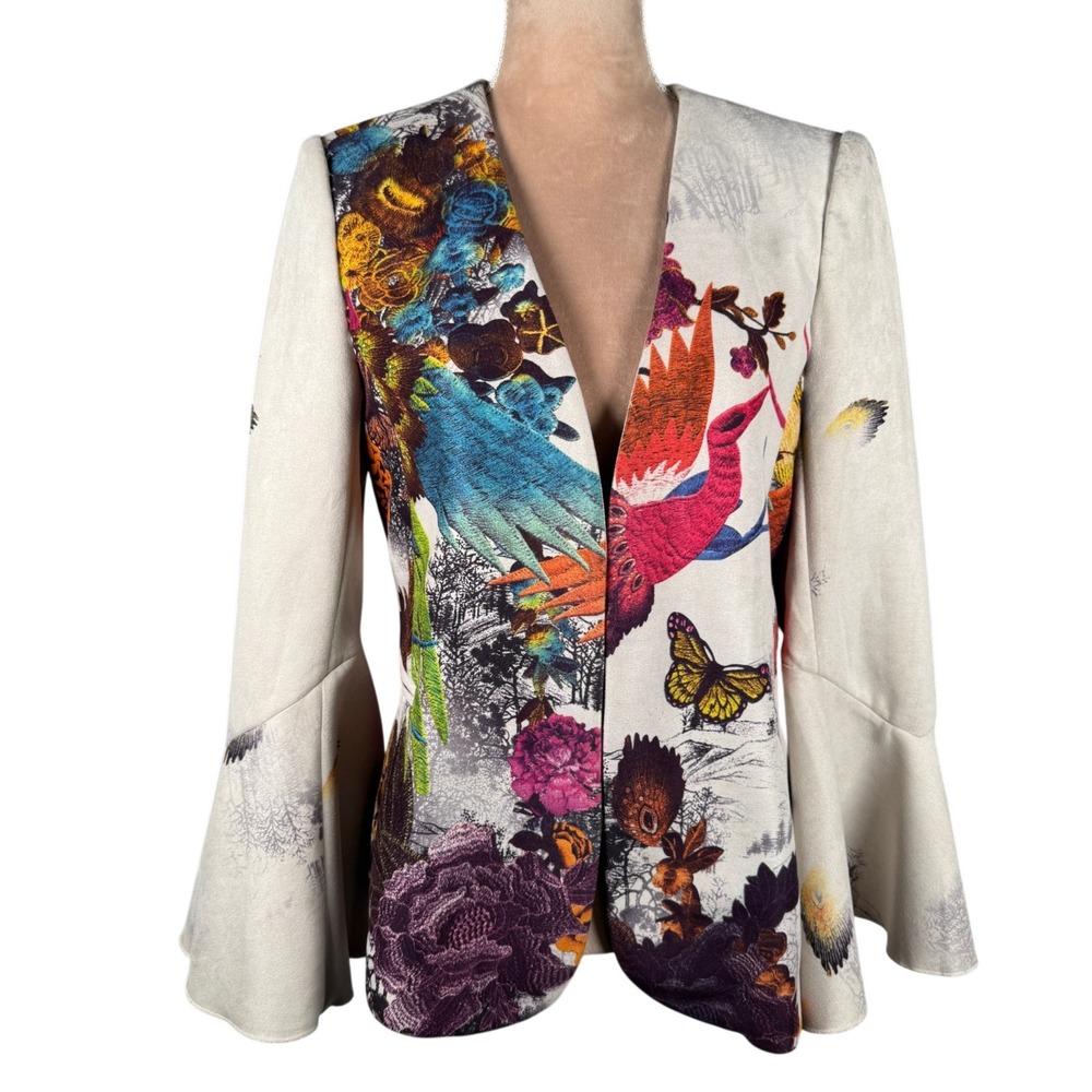 Jayley Collection Blazer Womens 14 Beige‎ Multi Bird Floral Bell Sleeve Jacket